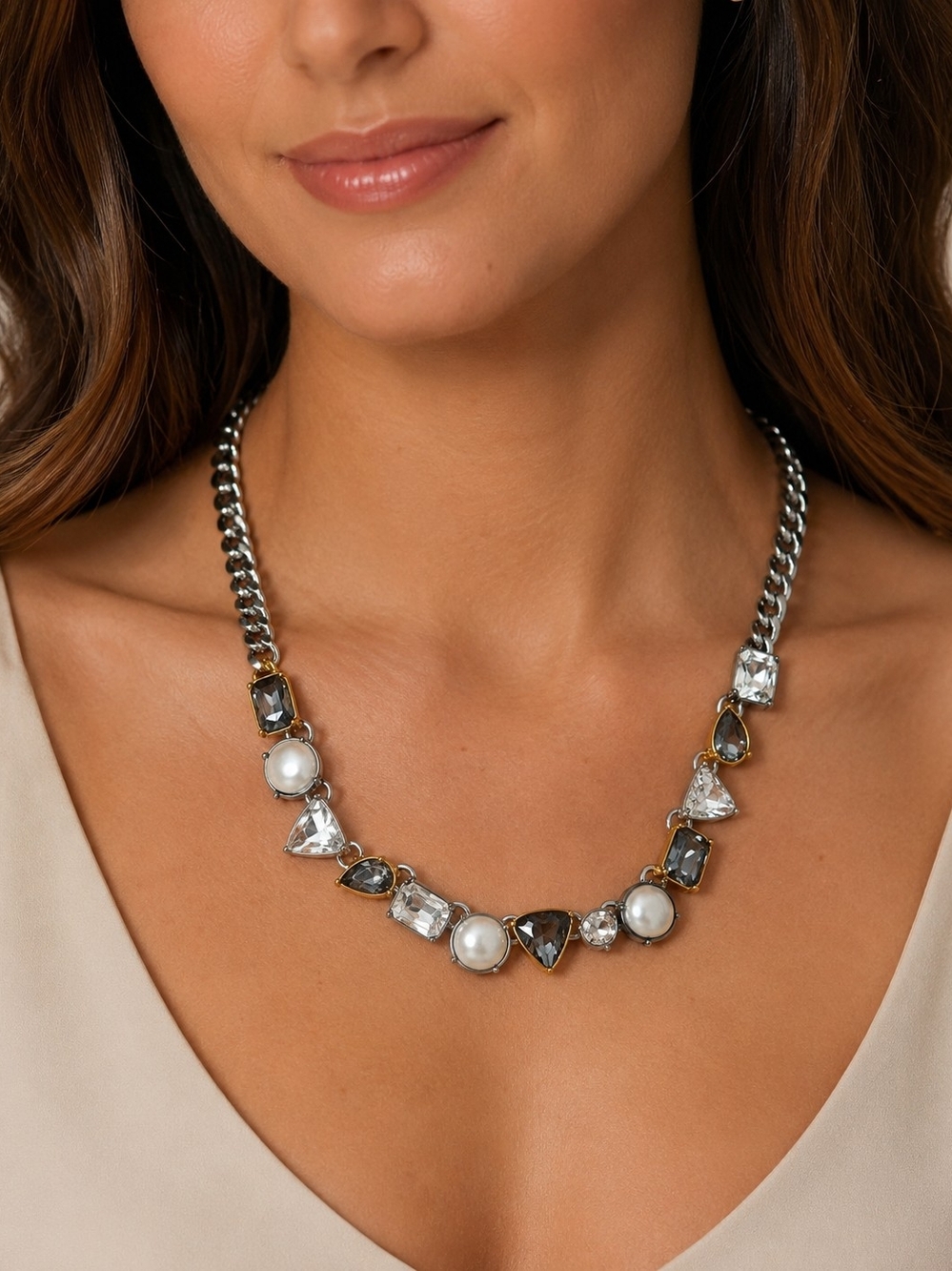 Lia Sophia Silver-Tone Necklace with Pearls and Clear Stones